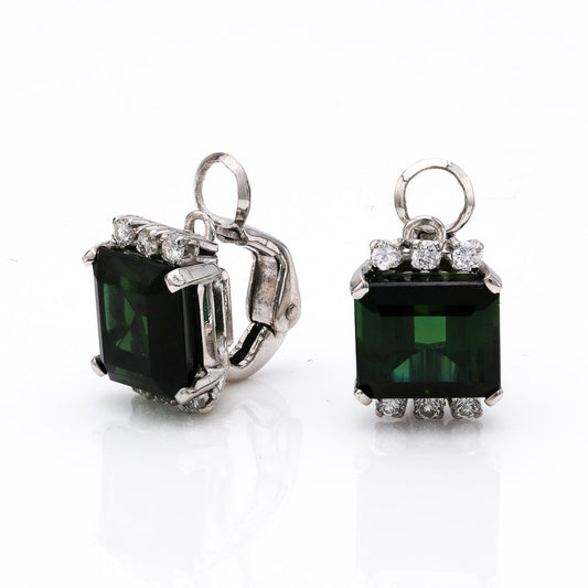 Emerald green tourmaline earrings with diamonds.