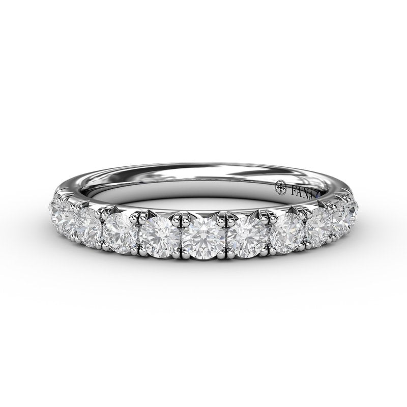 14K white gold band with round diamonds.