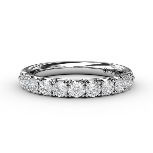 14K white gold band with round diamonds.