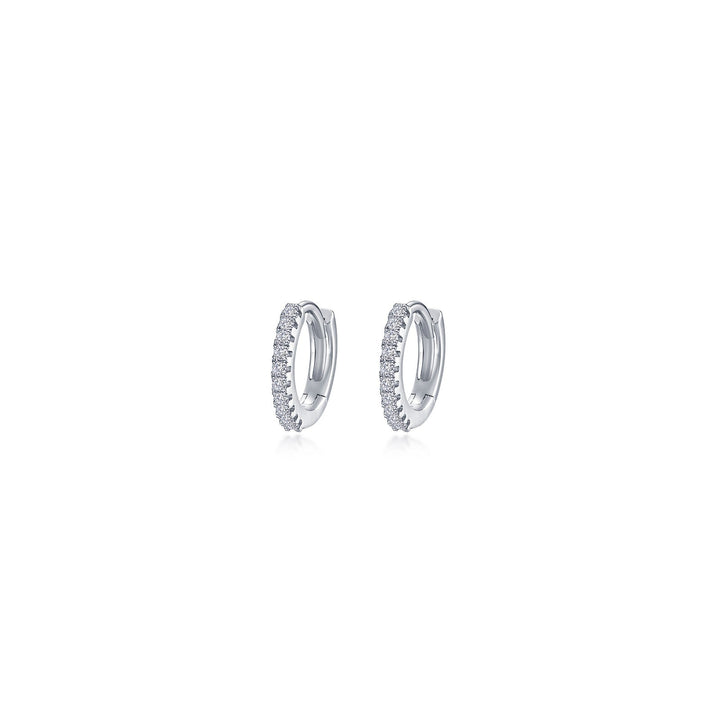 Simulated diamond huggie earrings in platinum silver.