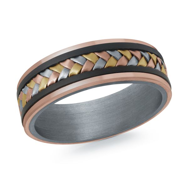 Tantalum band with rose, black, grey, yellow accents.