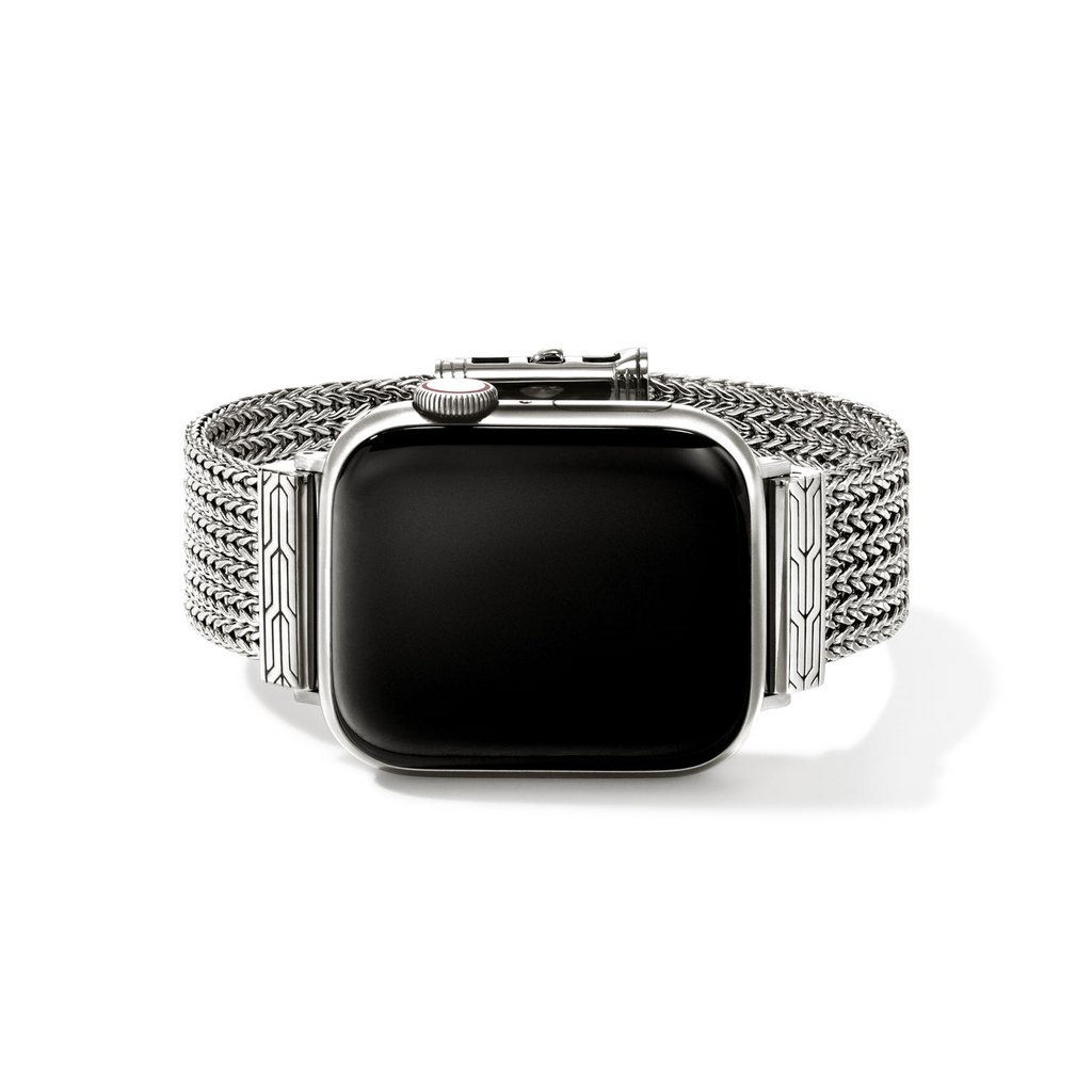 Sterling silver polished woven watch band.