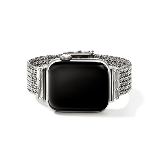 Sterling silver polished woven watch band.