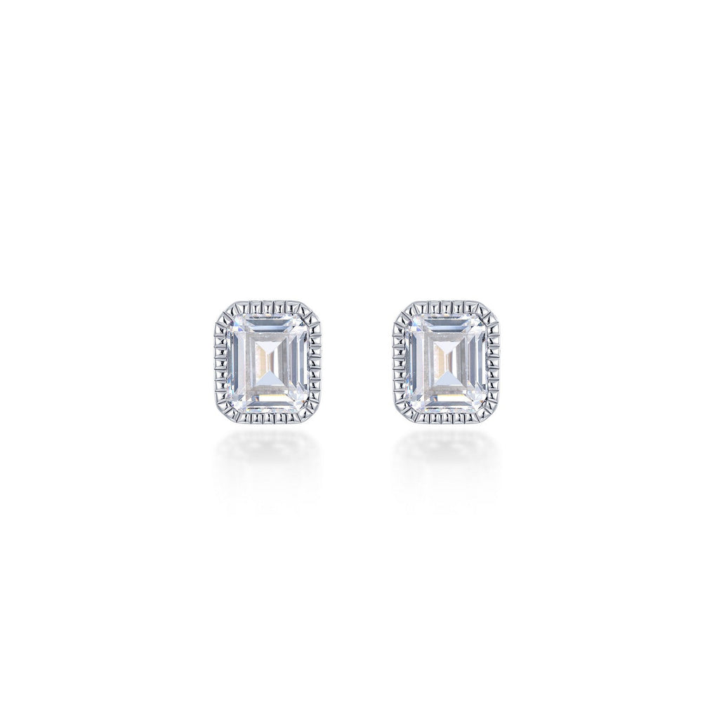 Emerald-cut simulated diamond earrings in silver.