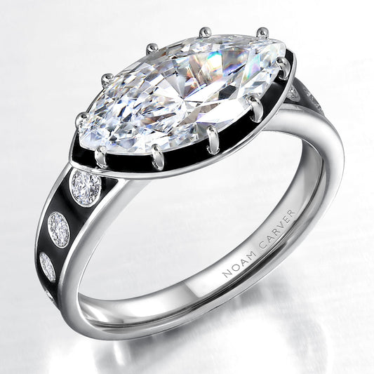 White gold ring with diamonds and black enamel.