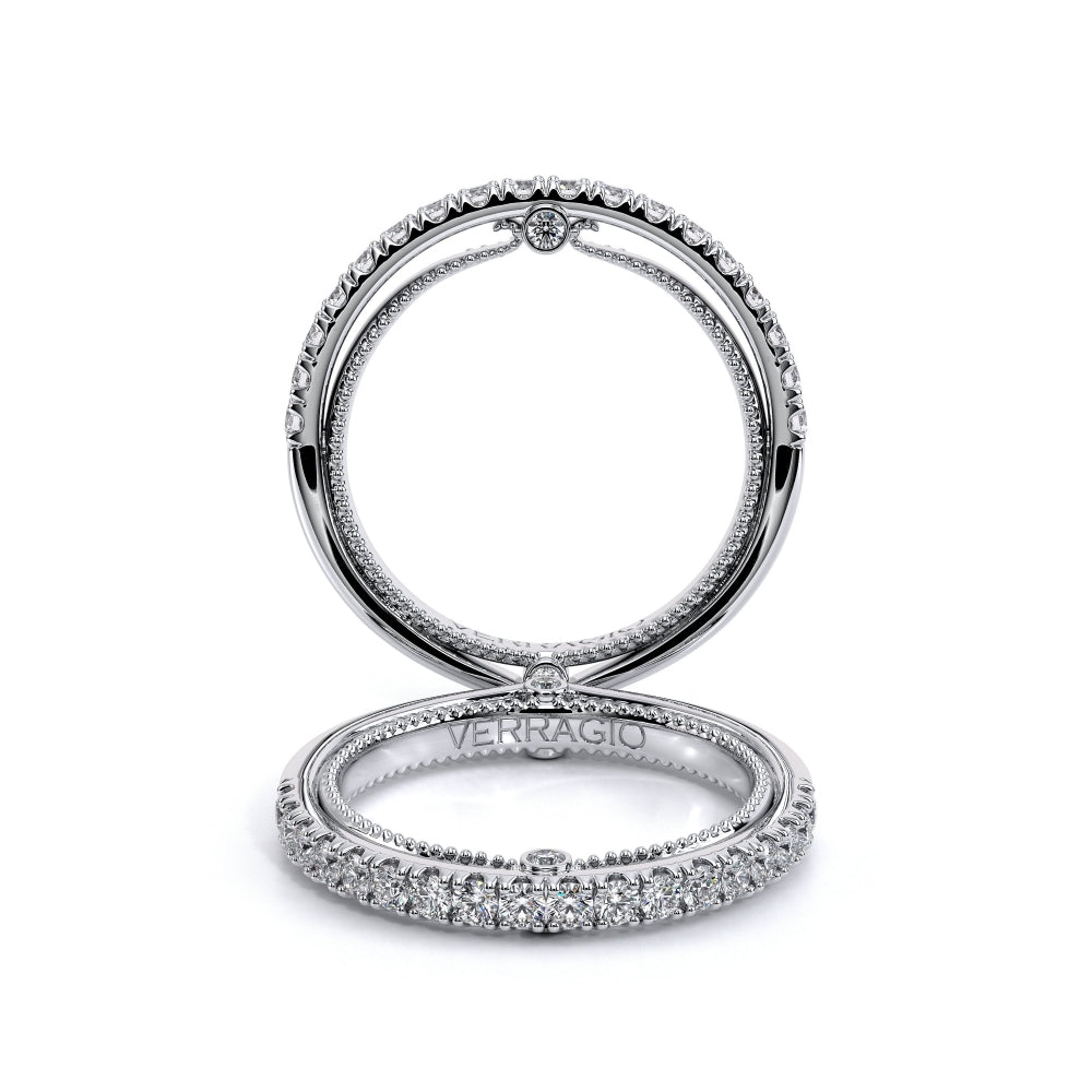 Diamond wedding band, white gold, round stones.