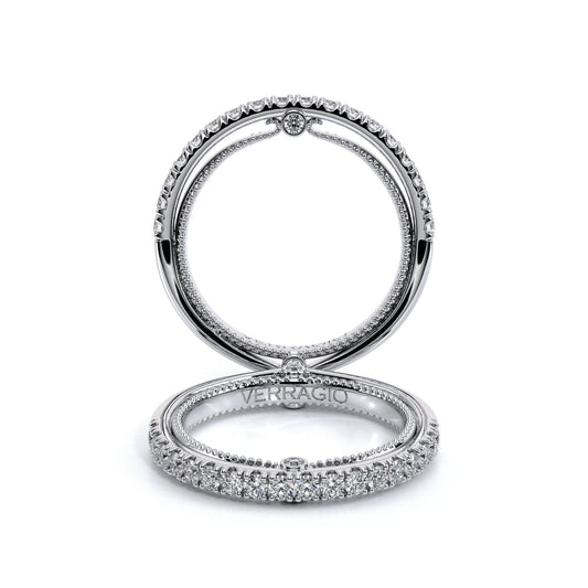 Diamond wedding band, white gold, round stones.