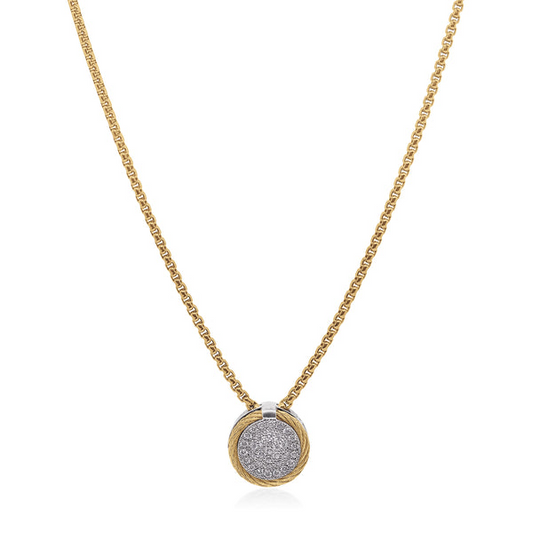 Diamond circle pendant on gold chain.