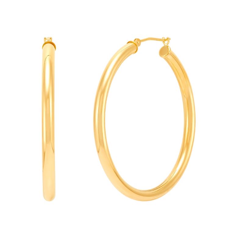 14K yellow gold large hoop earrings.