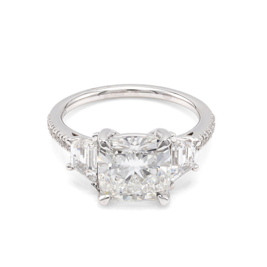 ReMARKable Designs Side Stone Hidden Accent Lab-Grown Diamond Complete Engagement Ring in 18 Karat White Gold with 3.35ct Cushion Center Lab-Grown Diamond, Color: D, Clarity: VS1 and 0.87ctw Side Lab-Grown Diamonds