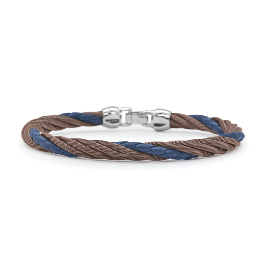 Brown and blue leather, stainless steel bracelet.