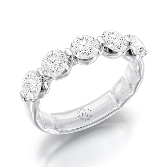 Yellow gold band with round diamonds.