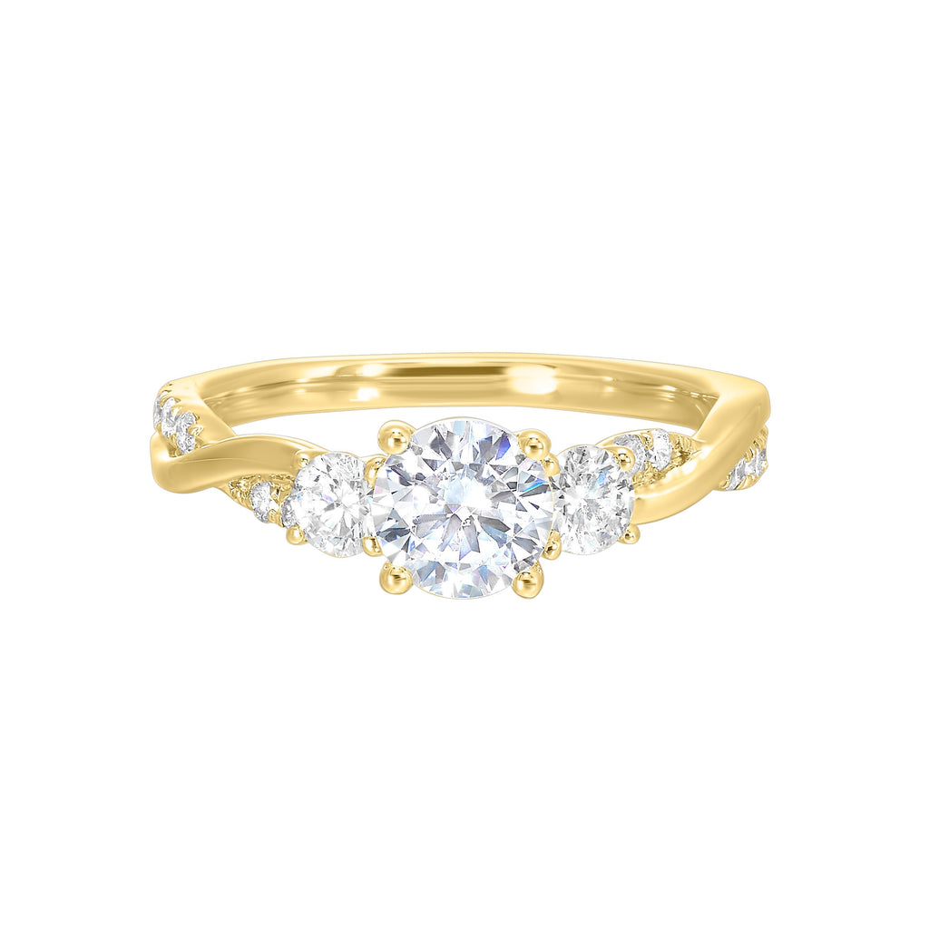 Three-stone diamond ring, yellow gold band.