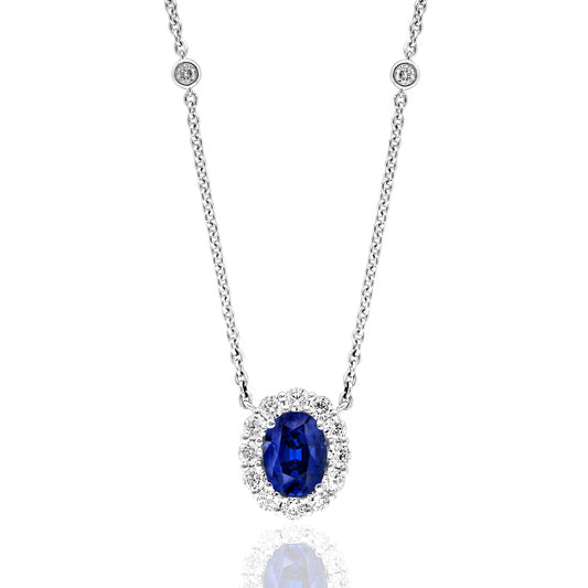 ReMARKable Designs Pendant Color Gemstone Necklace in 18 Karat White Gold with 1 Oval Sapphire 1.45ctw