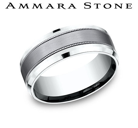 Tantalum white-grey carved men's band.