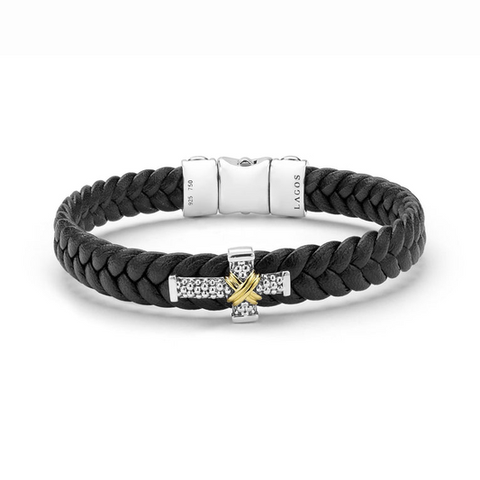 LAGOS Anthem Collection Braid Bracelet (No Stones) in Sterling Silver with Leather White and Yellow