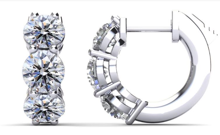 14K white gold earrings, round diamonds, hinged closure.