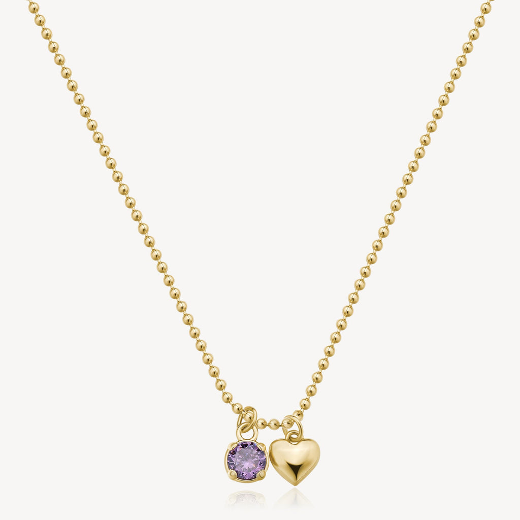 Yellow ball chain, purple gemstone, heart pendant.