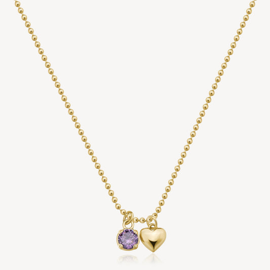 Yellow ball chain, purple gemstone, heart pendant.