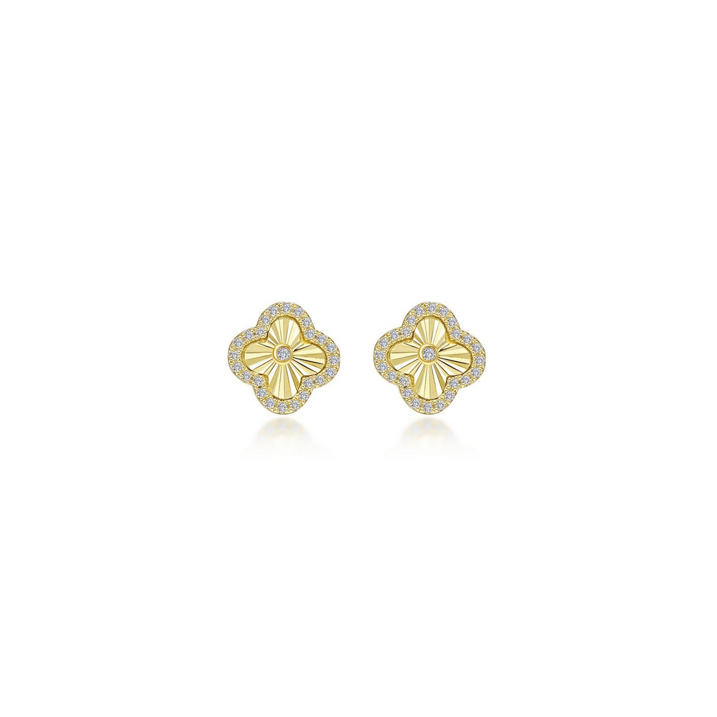 Yellow floral stud earrings with simulated diamonds.