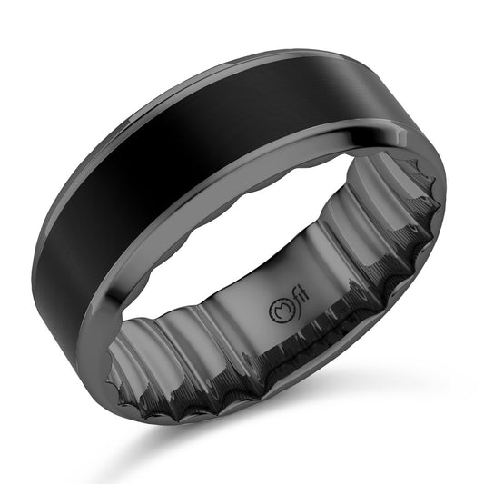 Polished satin white gold carved band.