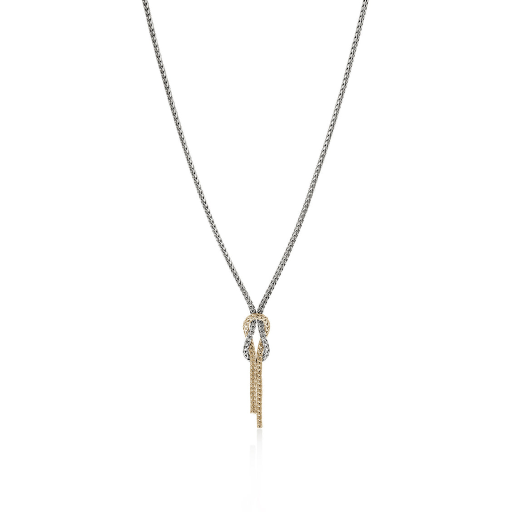 Sterling silver tassel necklace, white-yellow accents.