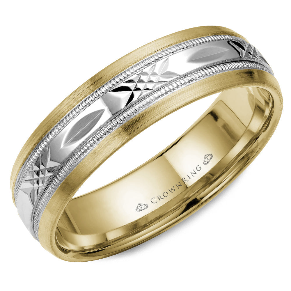 Two-tone carved gold band, polished-brushed finish.