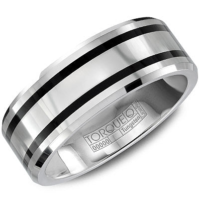 White-black tungsten carbide band, carved design.