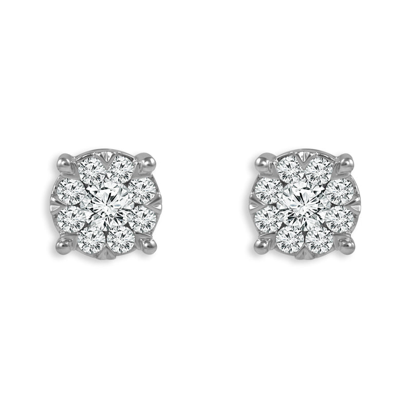 Round diamond cluster earrings in white gold.