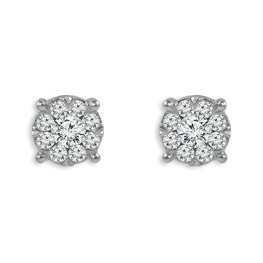 Round diamond cluster earrings in white gold.