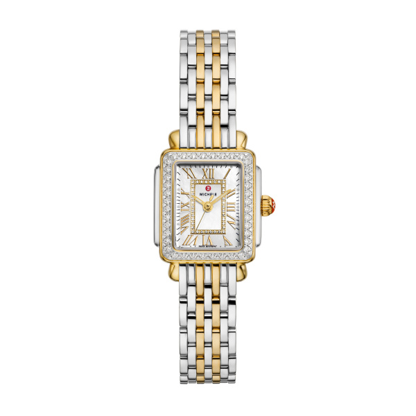 Gold and silver watch with diamond accents.