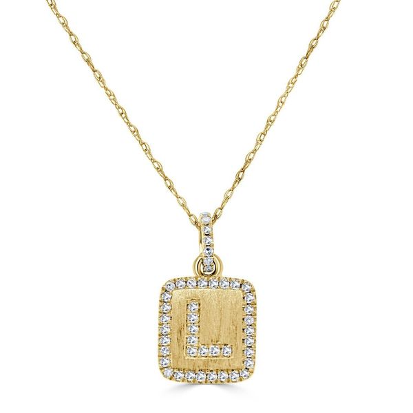 Gold necklace with diamond-accented initial pendant.