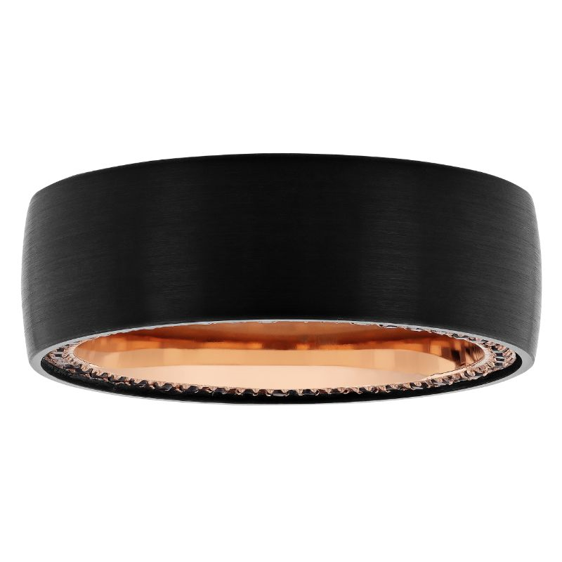 Black tungsten band with rose gold interior.