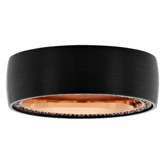 Black tungsten band with rose gold interior.