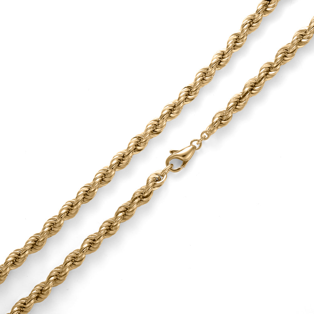 Polished 14K yellow gold rope chain.