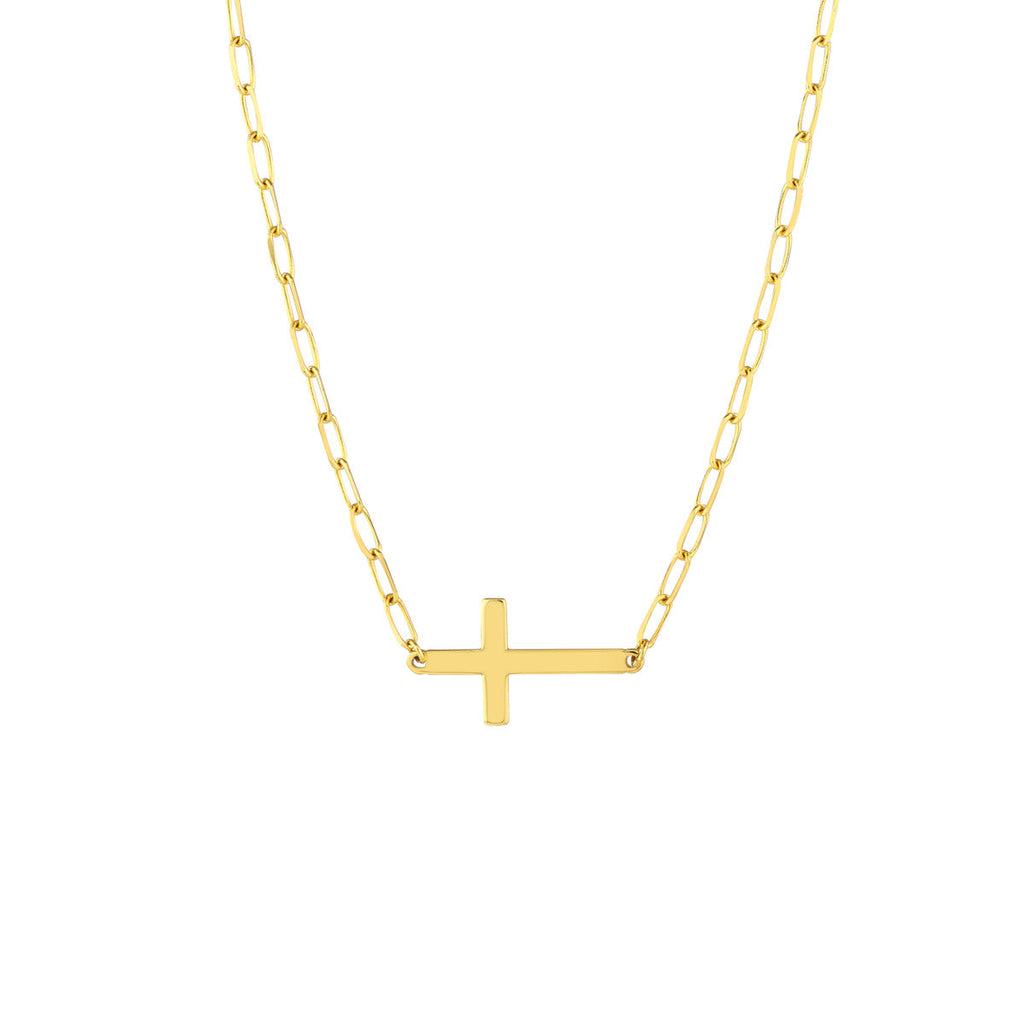 14K gold paperclip chain cross necklace.