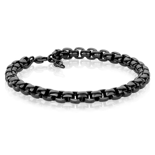Black stainless steel men's bracelet, round box design.