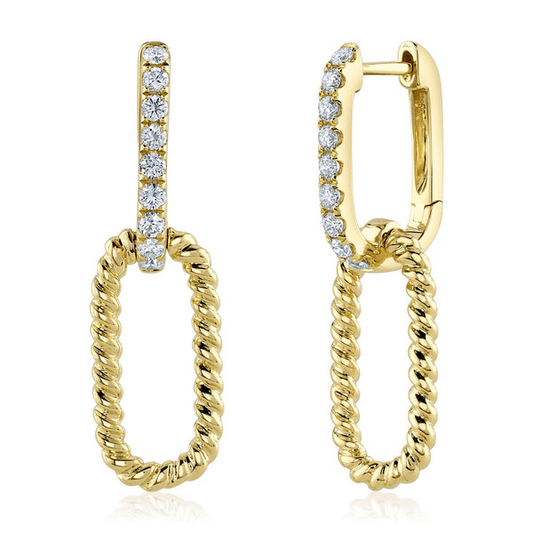 Yellow gold paperclip earrings with round diamonds.