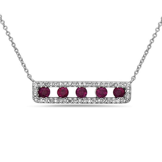 Bar necklace with rubies and diamonds.