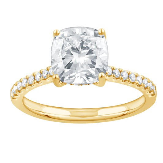 Hidden Accent Side Stone Lab-Grown Diamond Complete Engagement Ring in 14 Karat Yellow with 1 Square Cushion Lab Grown Diamond, Color: E, Clarity: VS1, totaling 2.08ctw (Yellow Gold)