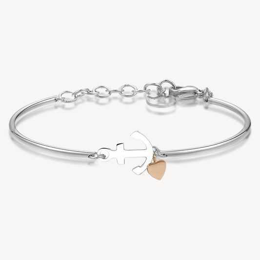 Stainless steel bangle with anchor and heart charms.