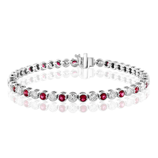 ReMARKable Designs Color Gemstone Bracelet in 14 Karat White Gold with 22 Round Rubies 2.14ctw