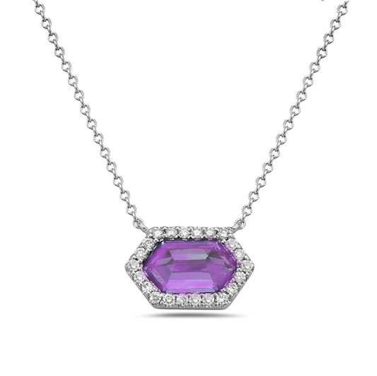 Hexagonal amethyst pendant with diamond halo.
