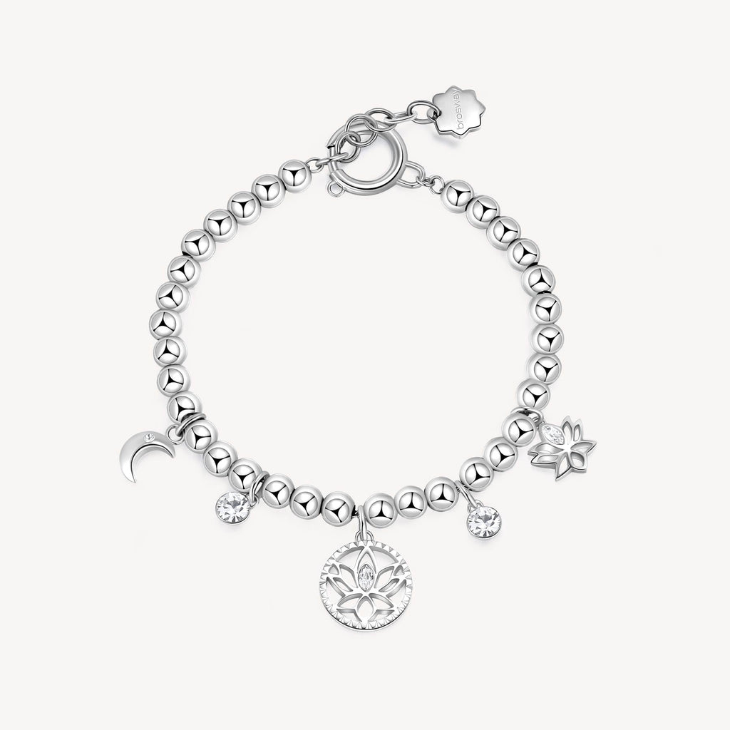 Stainless steel bead bracelet with charms.