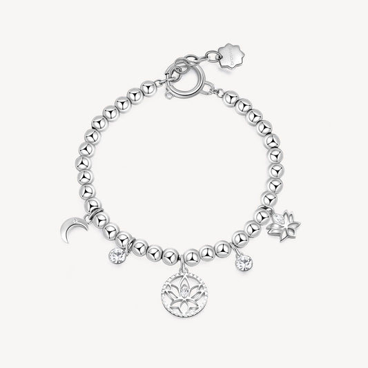 Stainless steel bead bracelet with charms.