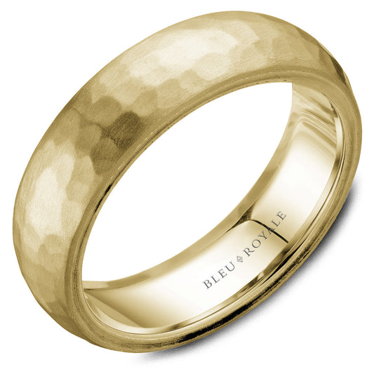 Hammered 14K yellow gold carved band.