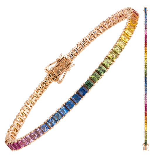 ARIHA JEWELS INC. Tennis Color Gemstone Bracelet in 18 Karat Rose Gold with 60 Princess Sapphires 8.16ctw