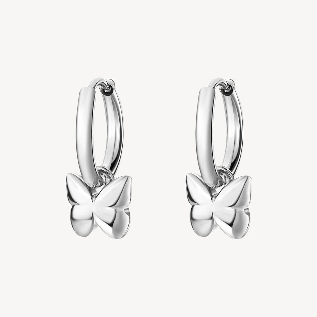 Stainless steel dangle earrings with butterfly design.