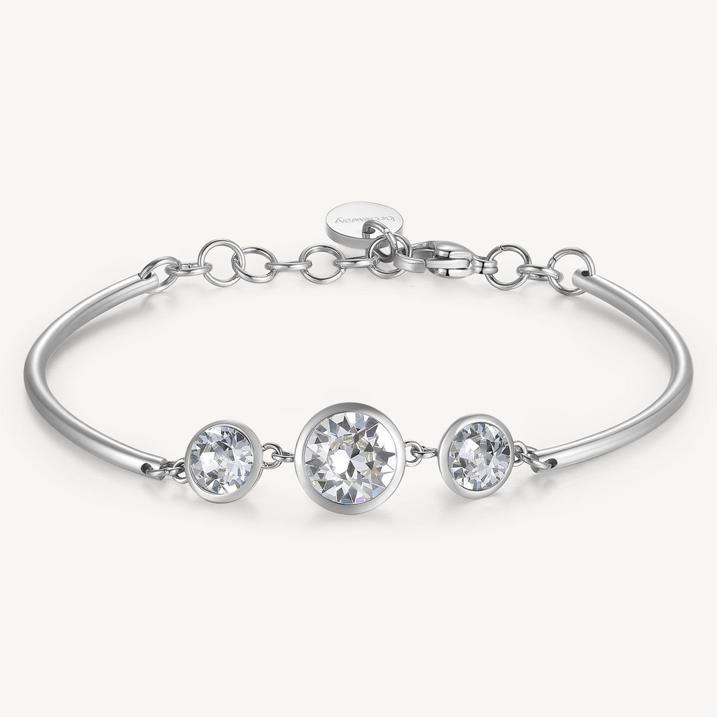 Stainless steel bracelet with three round diamonds.