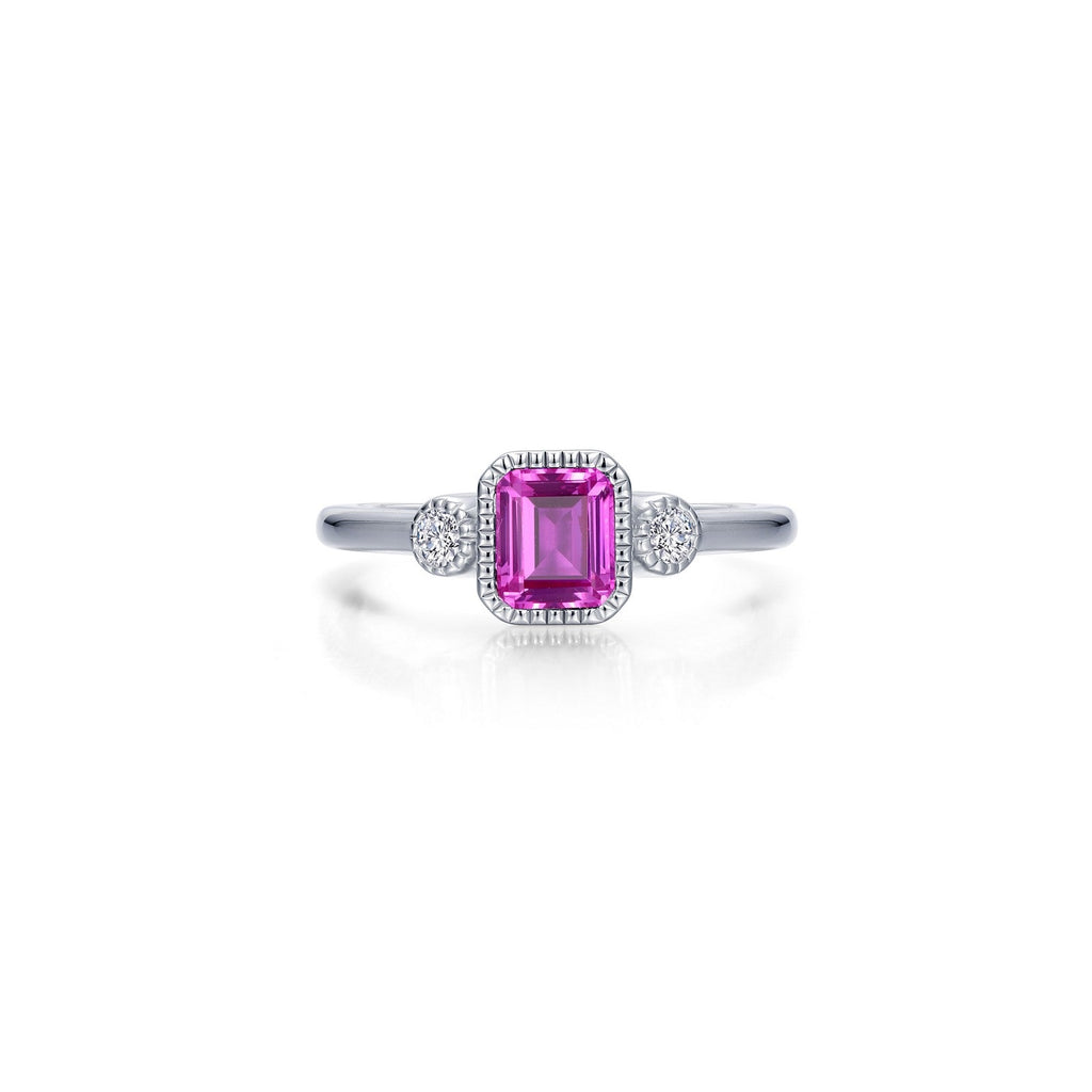 Emerald-cut pink tourmaline ring, simulated diamonds.